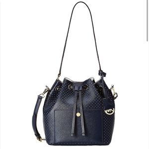 MICHAEL KORS GREENWICH DOUBLE SAFFIANO PERFORATED NAVY LEATHER BUCKET BAG
